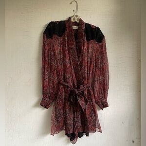 Zimmermann Red Paisley Sheer Long-Sleeve Romper with Black Shoulder Detail